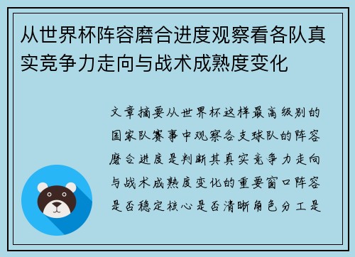 从世界杯阵容磨合进度观察看各队真实竞争力走向与战术成熟度变化