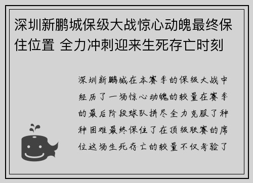 深圳新鹏城保级大战惊心动魄最终保住位置 全力冲刺迎来生死存亡时刻